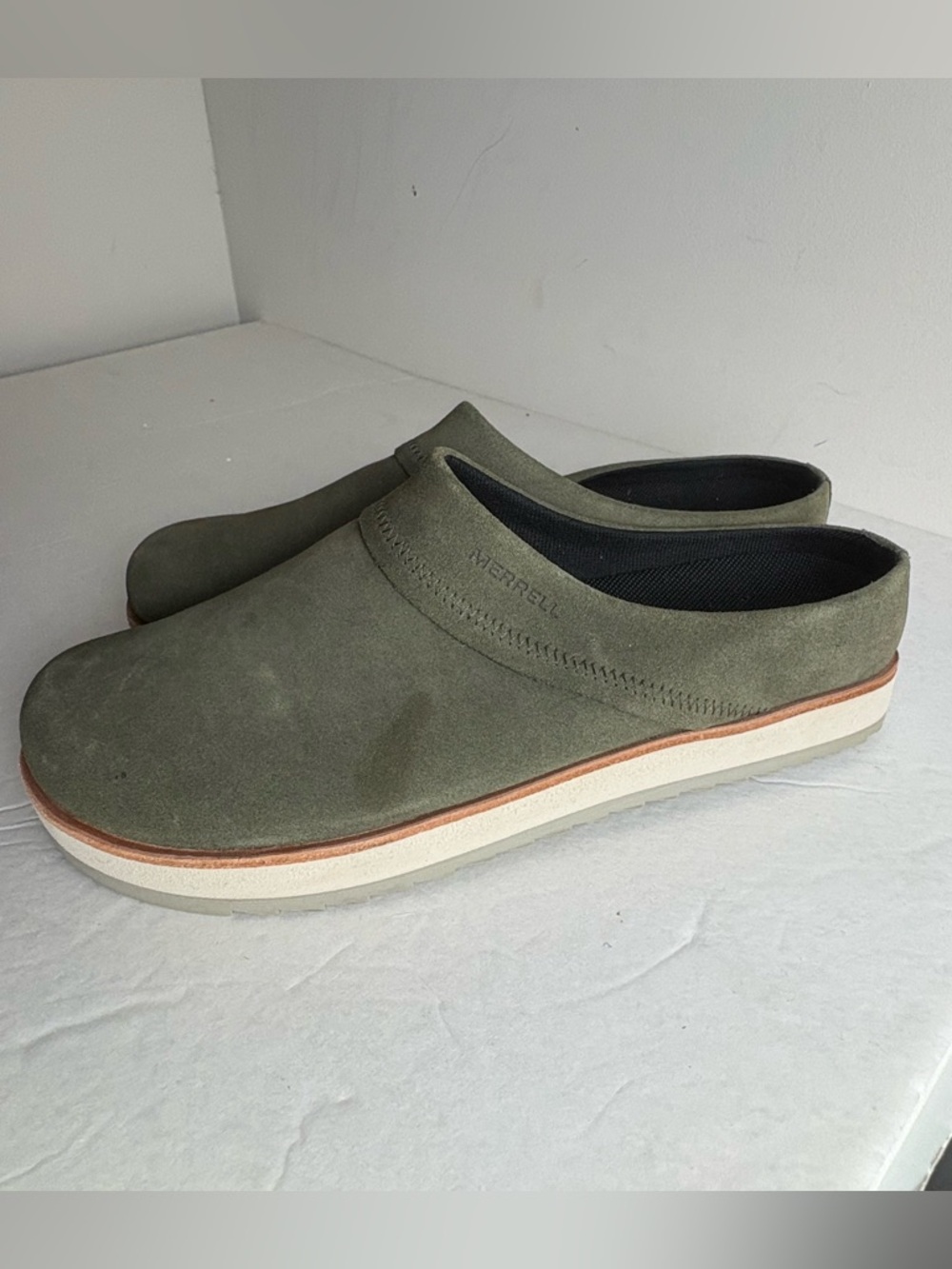 Merrell Juno Clog Womens Sz 9 Suede Mules Olive Green J001414 Open Back Comfort